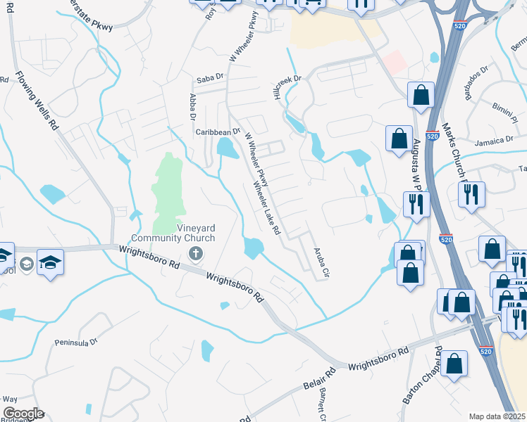 map of restaurants, bars, coffee shops, grocery stores, and more near 5095 Wheeler Lake Road in Augusta