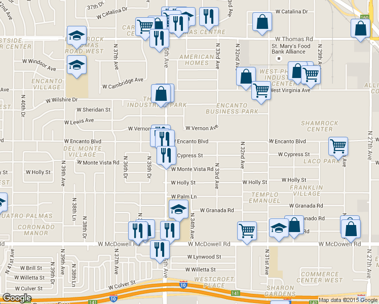 map of restaurants, bars, coffee shops, grocery stores, and more near 3402 West Cypress Street in Phoenix