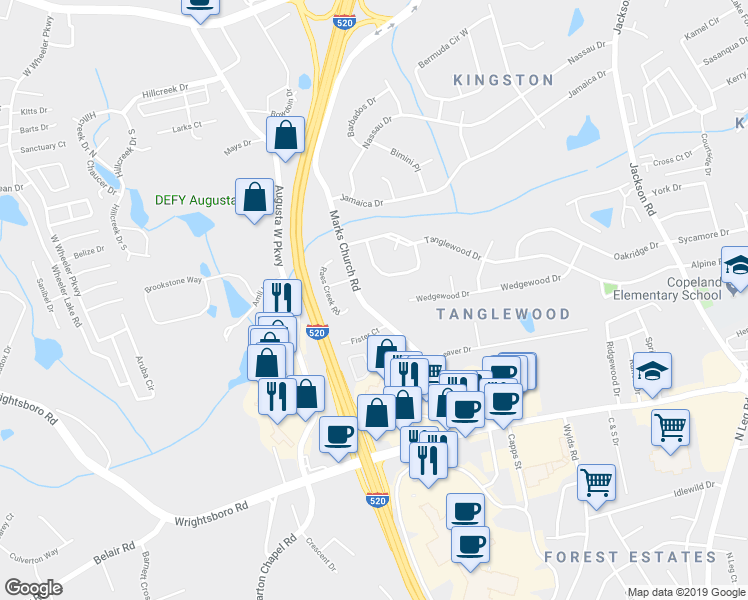 map of restaurants, bars, coffee shops, grocery stores, and more near 1296 Marks Church Road in Augusta