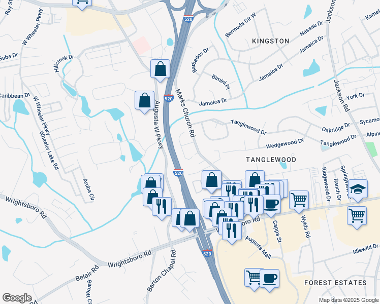 map of restaurants, bars, coffee shops, grocery stores, and more near 2916 Raes Creek Road in Augusta