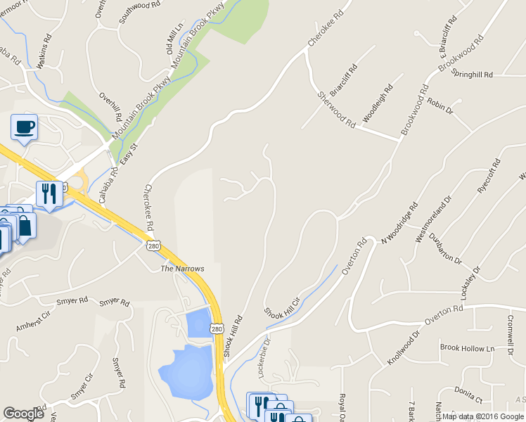 map of restaurants, bars, coffee shops, grocery stores, and more near 2840 Shook Hill Road in Birmingham