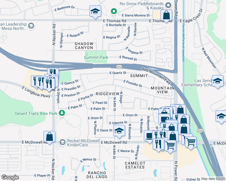 map of restaurants, bars, coffee shops, grocery stores, and more near 3124 North 64th Street in Mesa