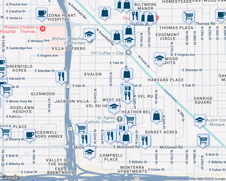 map of restaurants, bars, coffee shops, grocery stores, and more near 2233 North 23rd Street in Phoenix
