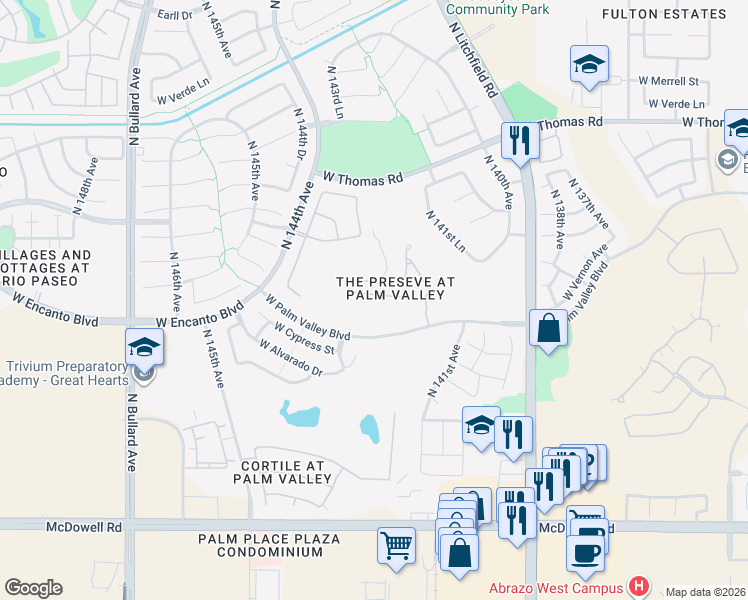 map of restaurants, bars, coffee shops, grocery stores, and more near 14265 West Harvard Street in Goodyear