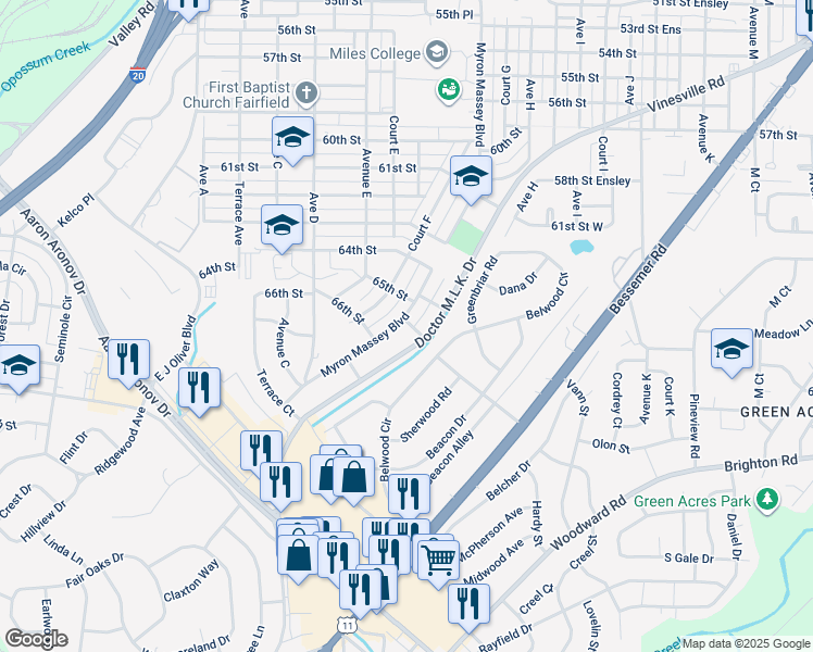 map of restaurants, bars, coffee shops, grocery stores, and more near 6600 Myron Massey Blvd in Fairfield
