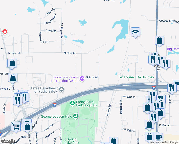 map of restaurants, bars, coffee shops, grocery stores, and more near 5902 North Park Road in Texarkana