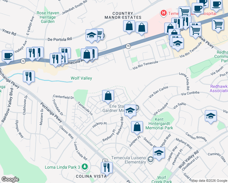 map of restaurants, bars, coffee shops, grocery stores, and more near 31251 Strawberry Tree Lane in Temecula