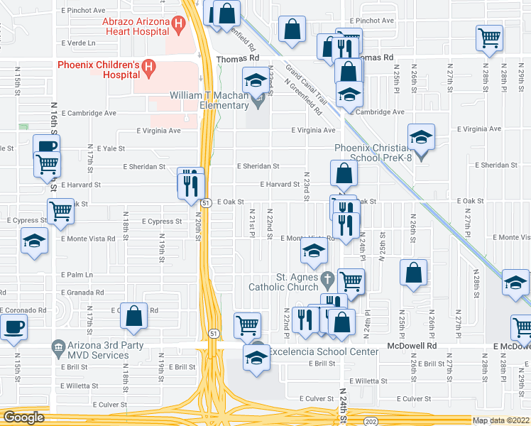 map of restaurants, bars, coffee shops, grocery stores, and more near 2236 North 22nd Street in Phoenix