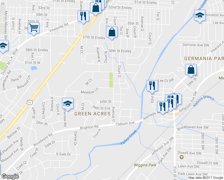 map of restaurants, bars, coffee shops, grocery stores, and more near 1425 Meadow Lane in Birmingham