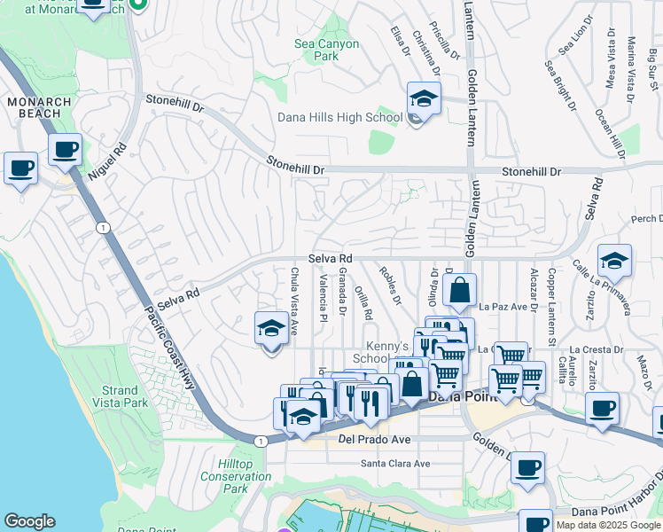 map of restaurants, bars, coffee shops, grocery stores, and more near 24351 Pasto Road in Dana Point