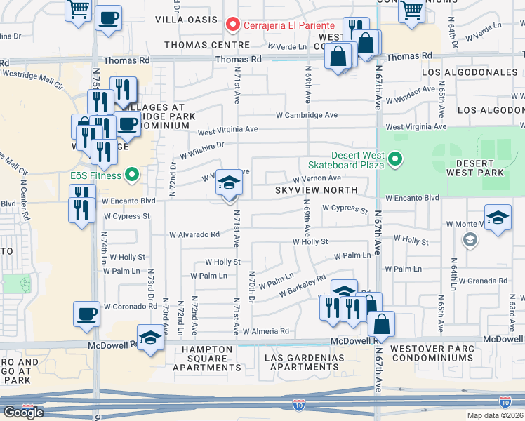 map of restaurants, bars, coffee shops, grocery stores, and more near 7018 West Cypress Street in Phoenix