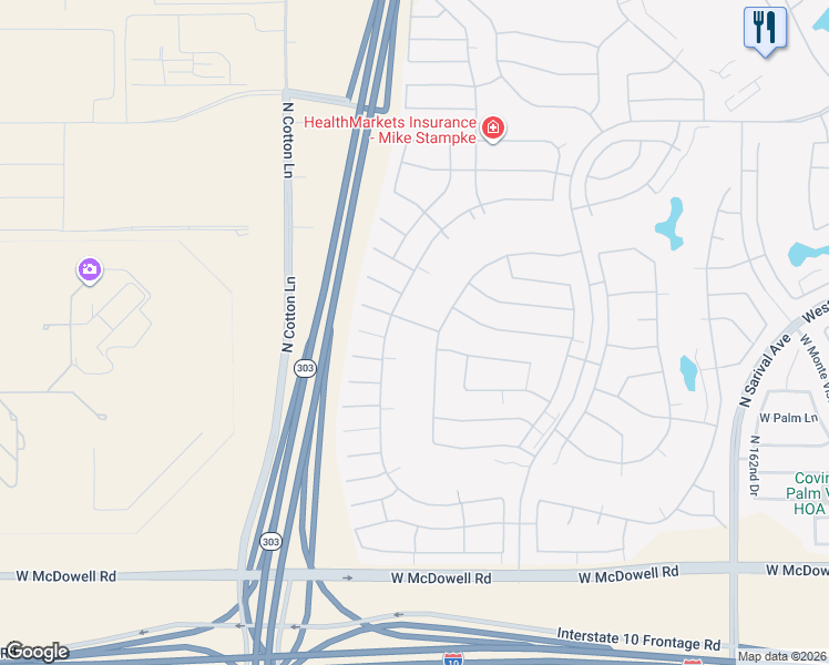 map of restaurants, bars, coffee shops, grocery stores, and more near 16829 West Sheridan Street in Goodyear