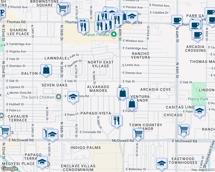 map of restaurants, bars, coffee shops, grocery stores, and more near 2231 North 38th Way in Phoenix