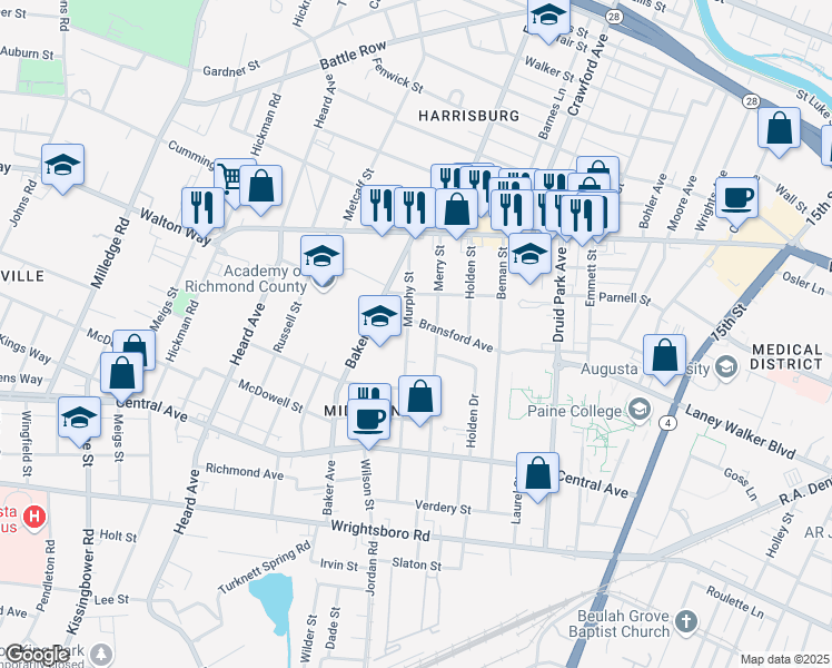 map of restaurants, bars, coffee shops, grocery stores, and more near 1104 Murphy Street in Augusta