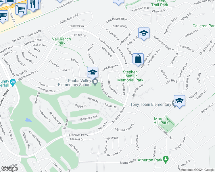 map of restaurants, bars, coffee shops, grocery stores, and more near 44865 Camino Alamosa in Temecula