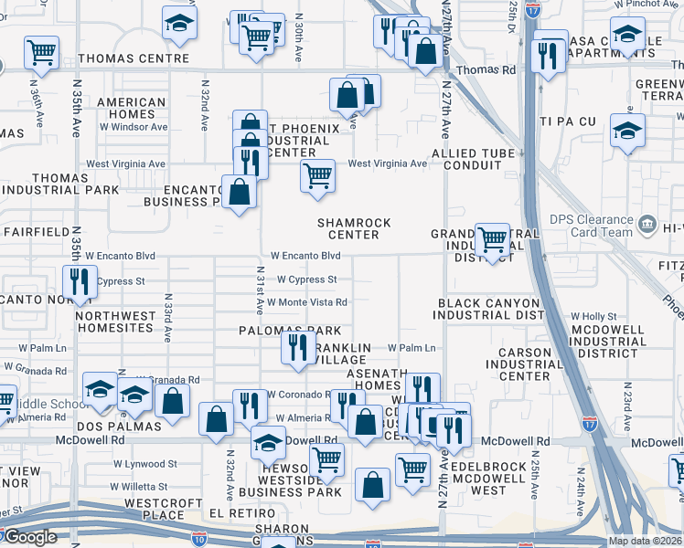 map of restaurants, bars, coffee shops, grocery stores, and more near 2910 West Cypress Street in Phoenix