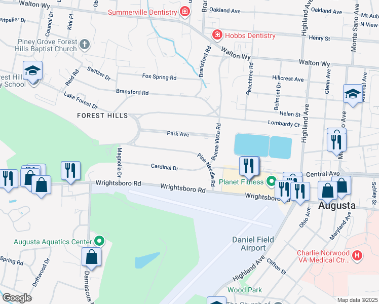map of restaurants, bars, coffee shops, grocery stores, and more near 3028 Pine Needle Road in Augusta