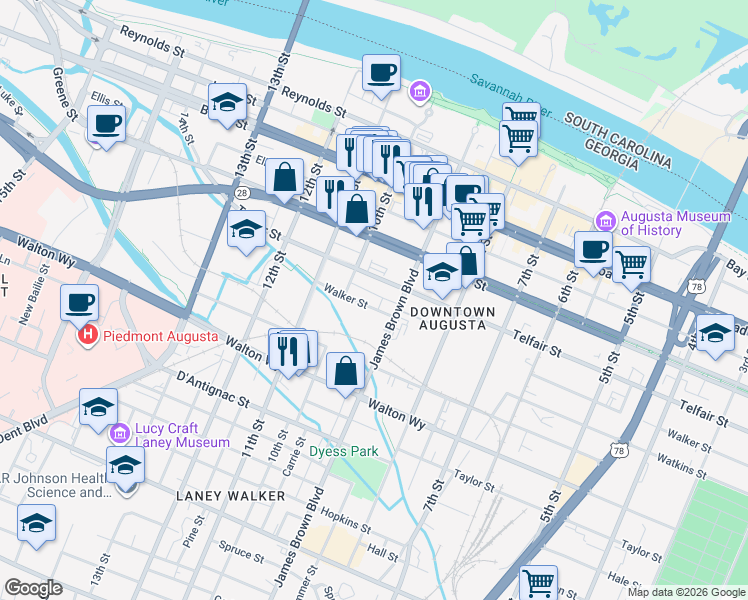 map of restaurants, bars, coffee shops, grocery stores, and more near 933 1/2 Walker Street in Augusta