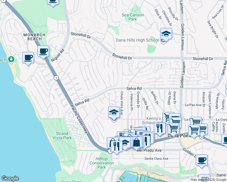 map of restaurants, bars, coffee shops, grocery stores, and more near 33771 Via Capri Avenue in Dana Point