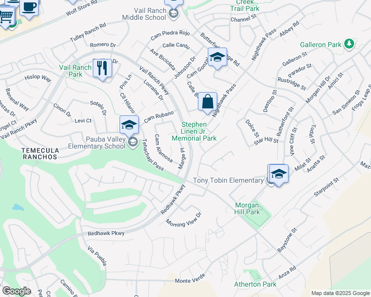 map of restaurants, bars, coffee shops, grocery stores, and more near 44892 Marge Place in Temecula
