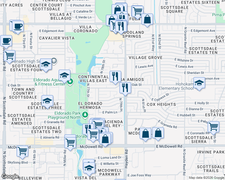 map of restaurants, bars, coffee shops, grocery stores, and more near 7907 East Oak Street in Scottsdale