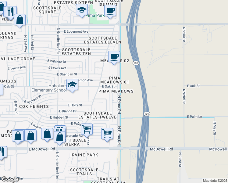 map of restaurants, bars, coffee shops, grocery stores, and more near 2229 North 87th Way in Scottsdale