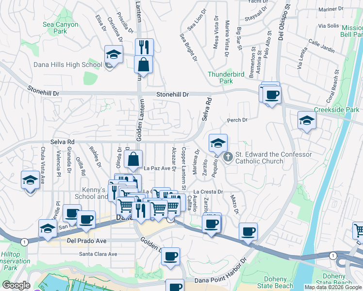 map of restaurants, bars, coffee shops, grocery stores, and more near 33751 Copper Lantern Street in Dana Point
