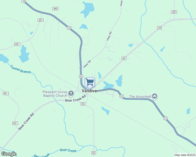 map of restaurants, bars, coffee shops, grocery stores, and more near 12071 County Road 43 in Vandiver