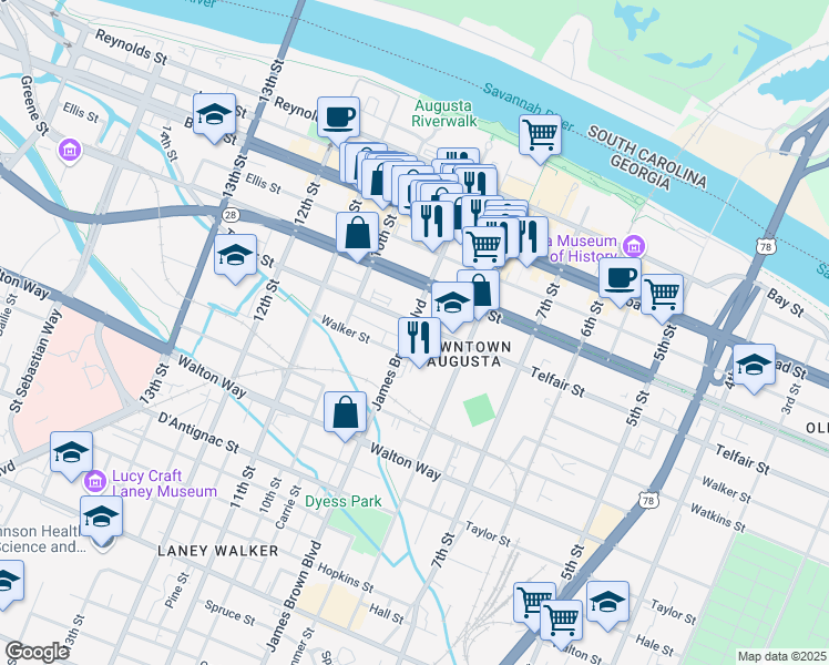 map of restaurants, bars, coffee shops, grocery stores, and more near 500 James Brown Boulevard in Augusta