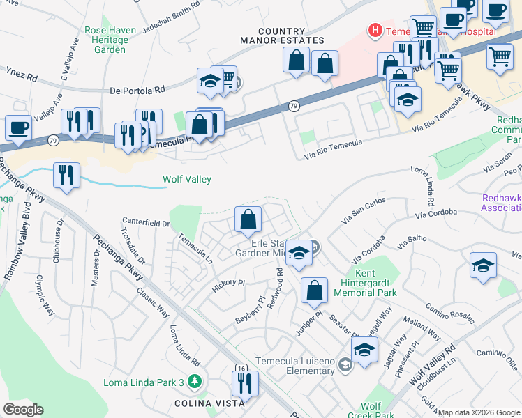 map of restaurants, bars, coffee shops, grocery stores, and more near 31251 Strawberry Tree Lane in Temecula