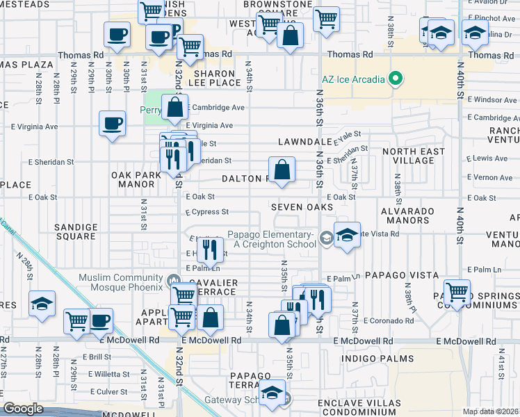 map of restaurants, bars, coffee shops, grocery stores, and more near 3412 East Cypress Street in Phoenix