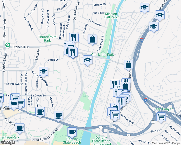 map of restaurants, bars, coffee shops, grocery stores, and more near 33762 Captains Lane in Dana Point