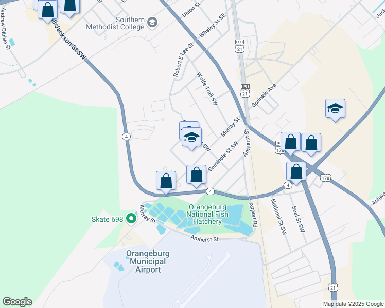 map of restaurants, bars, coffee shops, grocery stores, and more near 350 Murray Road Southwest in Orangeburg