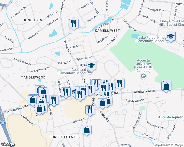 map of restaurants, bars, coffee shops, grocery stores, and more near 1440 Jackson Road in Augusta