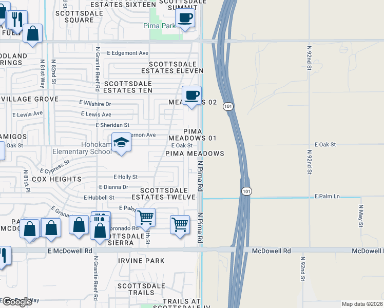 map of restaurants, bars, coffee shops, grocery stores, and more near 2229 North 87th Way in Scottsdale
