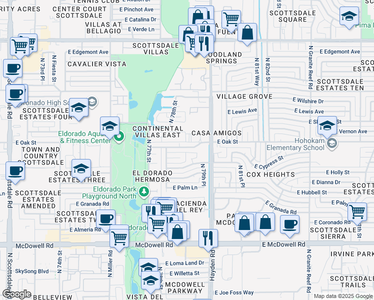 map of restaurants, bars, coffee shops, grocery stores, and more near 7907 East Oak Street in Scottsdale
