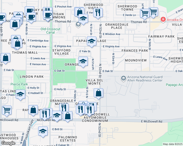 map of restaurants, bars, coffee shops, grocery stores, and more near 5117 East Oak Street in Phoenix