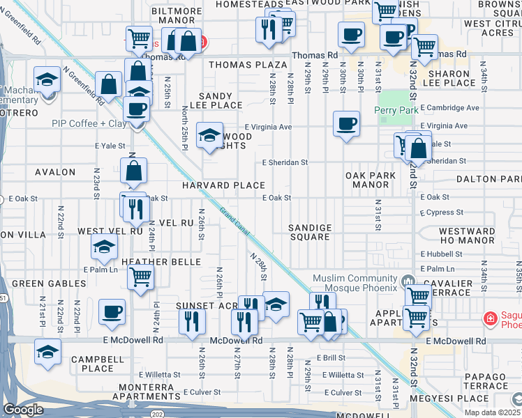 map of restaurants, bars, coffee shops, grocery stores, and more near 2222 North 27th Place in Phoenix