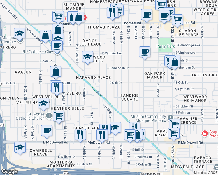 map of restaurants, bars, coffee shops, grocery stores, and more near 2222 North 27th Place in Phoenix