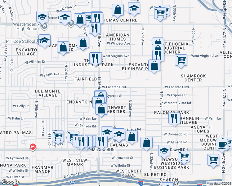 map of restaurants, bars, coffee shops, grocery stores, and more near 3402 West Cypress Street in Phoenix