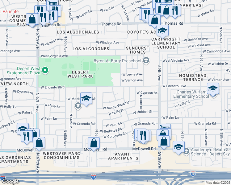 map of restaurants, bars, coffee shops, grocery stores, and more near 2237 North 62nd Avenue in Phoenix