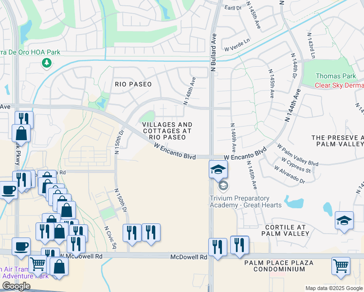 map of restaurants, bars, coffee shops, grocery stores, and more near 14870 West Encanto Boulevard in Goodyear