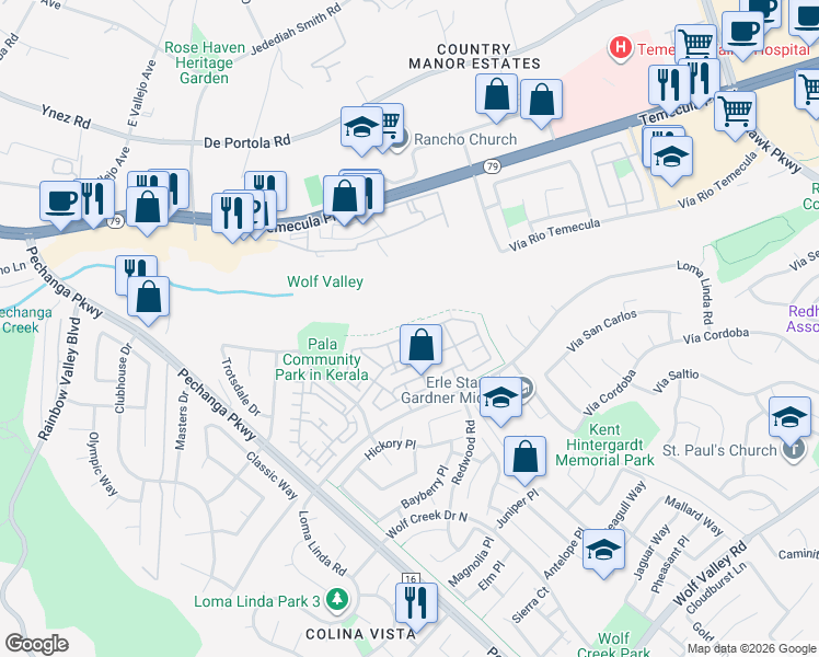 map of restaurants, bars, coffee shops, grocery stores, and more near 31216 Strawberry Tree Lane in Temecula