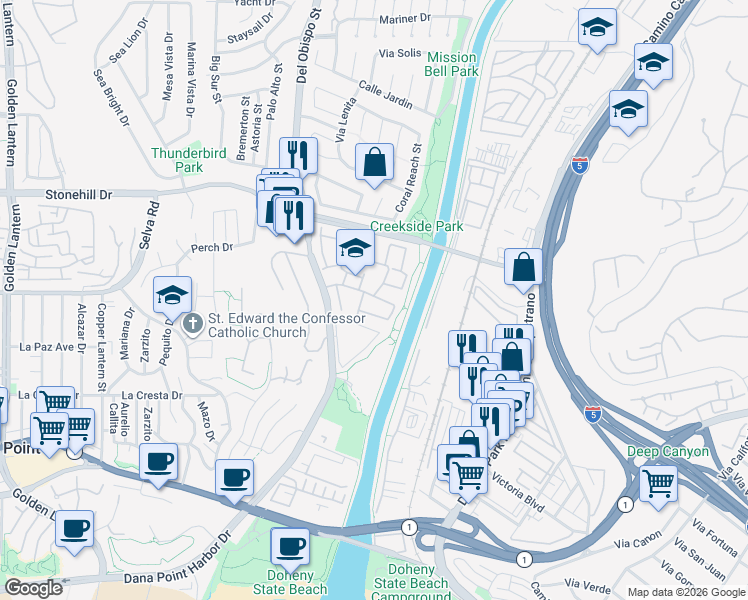 map of restaurants, bars, coffee shops, grocery stores, and more near 33762 Captains Lane in Dana Point