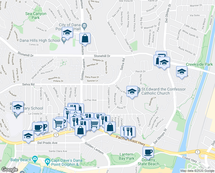 map of restaurants, bars, coffee shops, grocery stores, and more near 33752 Alcazar Drive in Dana Point