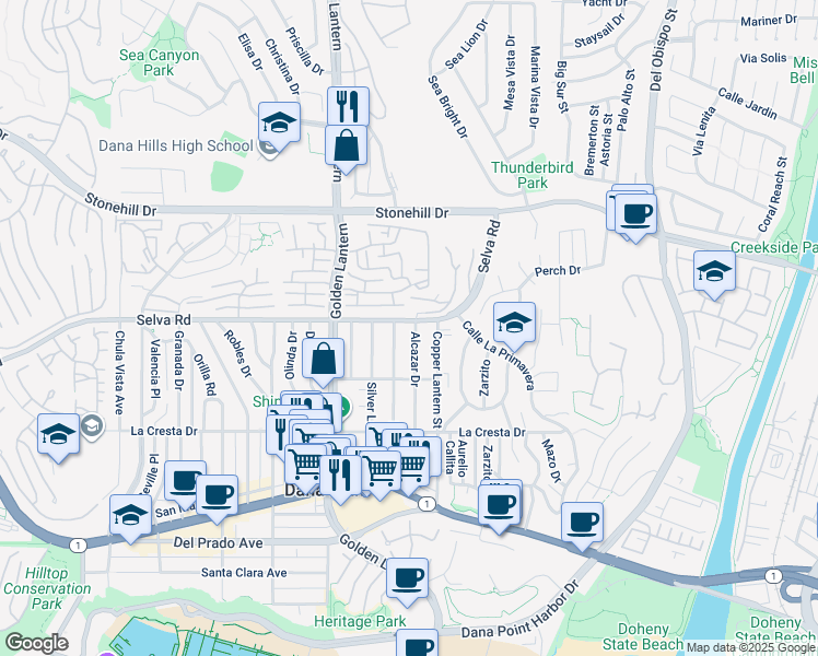 map of restaurants, bars, coffee shops, grocery stores, and more near 33752 Alcazar Drive in Dana Point