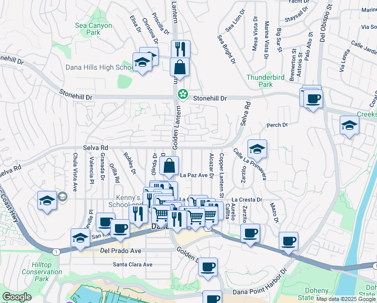 map of restaurants, bars, coffee shops, grocery stores, and more near 33752 Silver Lantern Street in Dana Point