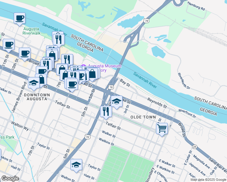 map of restaurants, bars, coffee shops, grocery stores, and more near Gordon Highway in Augusta