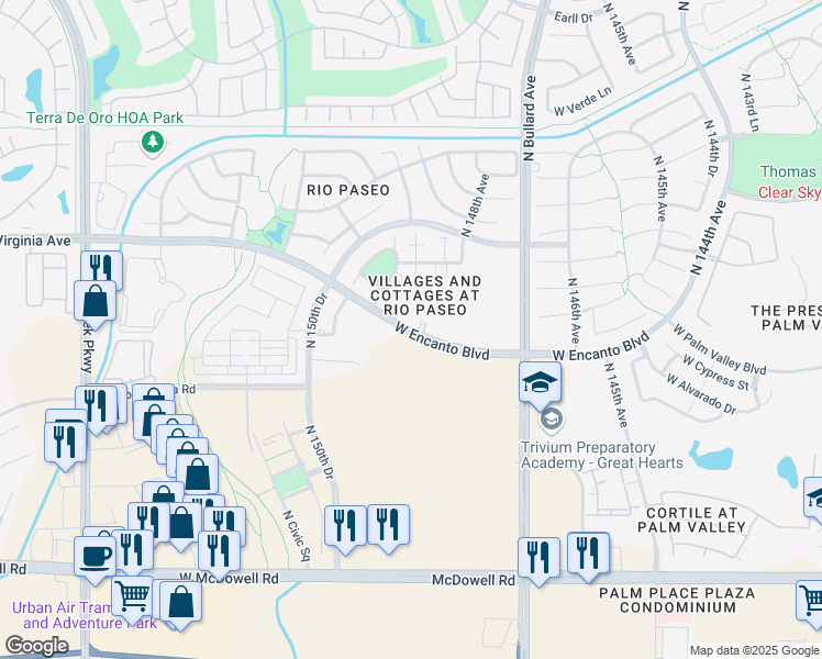 map of restaurants, bars, coffee shops, grocery stores, and more near 14870 West Encanto Boulevard in Goodyear