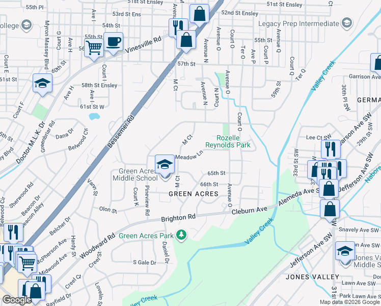 map of restaurants, bars, coffee shops, grocery stores, and more near 1316 Meadow Lane in Birmingham